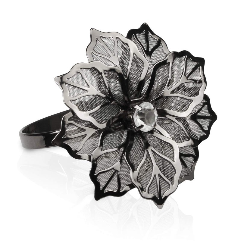 Picowe Set of 12 Alloy Napkin Rings with Hollow Out Flower Napkin Ring Holders for Wedding Party Holiday Banquet Christmas Dinner Delicate Serviette Buckles Decor Favor (Gun Metal) - Image 1